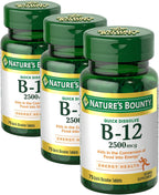 Nature's Bounty Vitamin B-12, Quick Dissolve, 2500 mcg, Natural Cherry Flavor, 150 Tablets (2 Bottles of 75)
