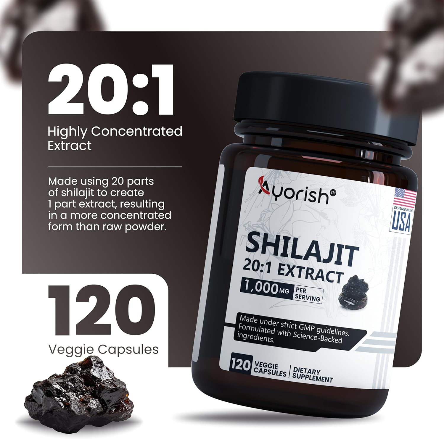 Ayorish Cápsulas de Shilajit Puro 1000mg con Ácido Fúlvico y Minerales Traza (120 cápsulas)