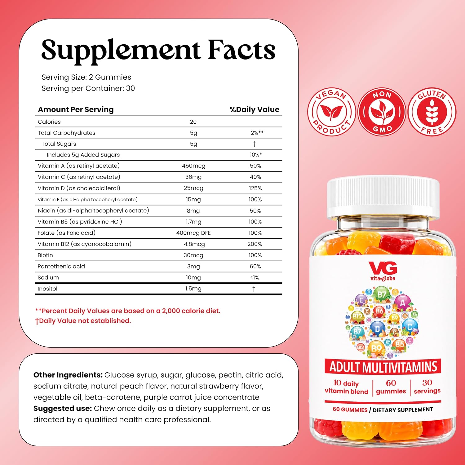 VITA GLOBE Multivitamin Gummies Adultos - 9 Vitaminas Esenciales con C, D, E, B6, B12, Folato y Biotina - Sabor Naranja, Melocotón y Fresa - 120 Gominolas (2 Envases de 60)