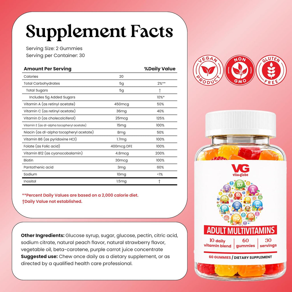 VITA GLOBE Adult Multivitamin Gummies – Gominolas Multivitamínicas con 9 Vitaminas Esenciales, 60 Unidades