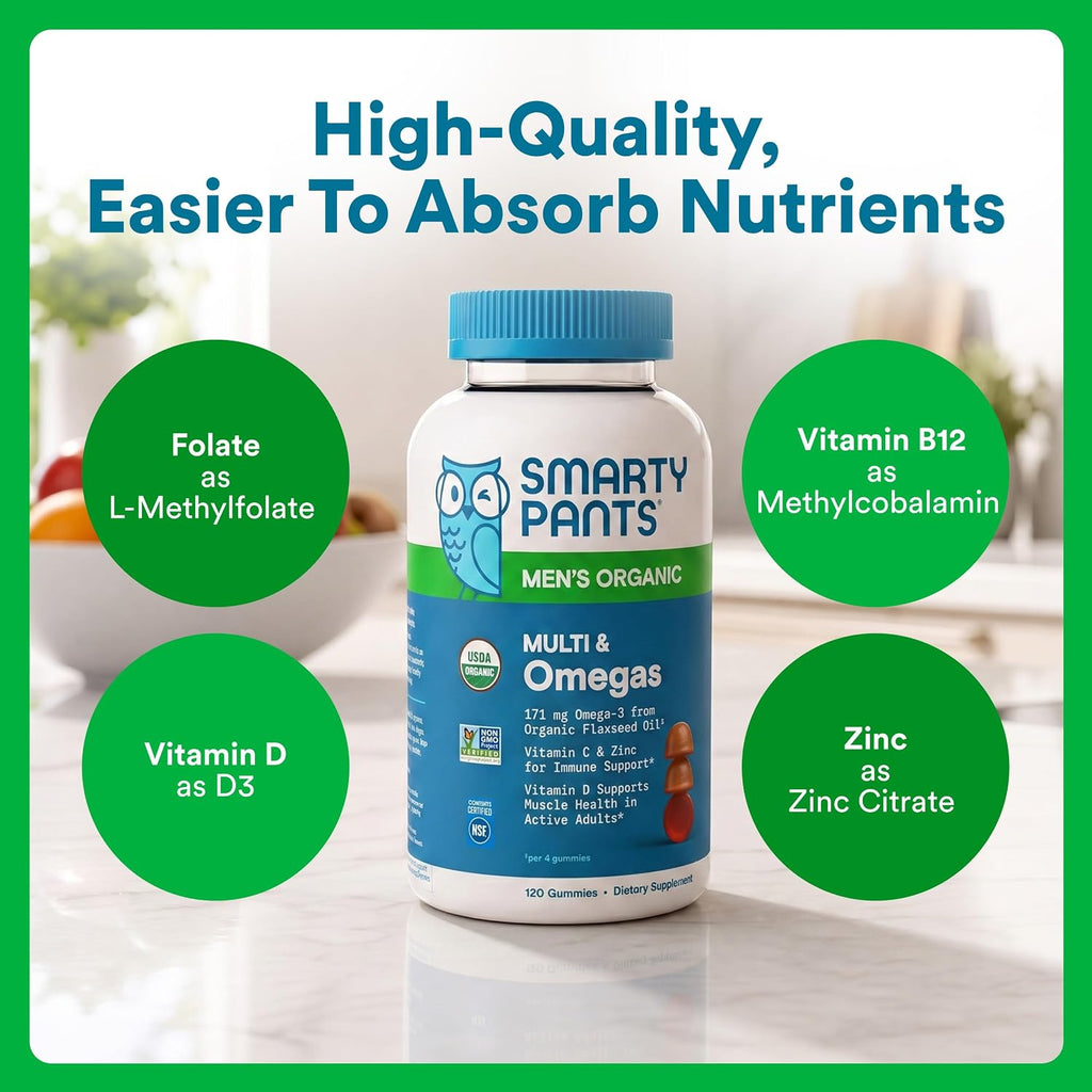 SmartyPants Multivitamínico para Hombres, Gominolas Orgánicas: Metilfolato, Omega 3 (ALA), Vitamina D3, C, B12, B6, A, K y Zinc, 120 Gominolas (30 Días)