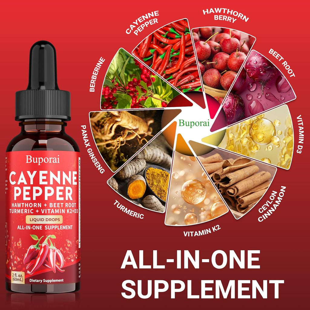Buporai Gotas de Cayena, Extracto Líquido de Cayena para el Bienestar General, 60 ml, con Vitamina D3 K2 y Remolacha