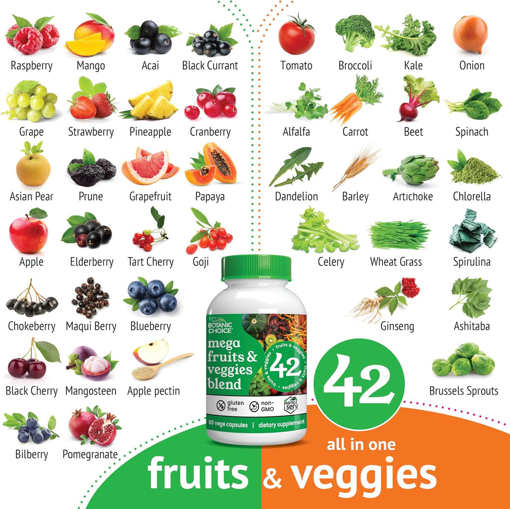 Botanic Choice Mega Fruits & Veggies Blend - 42 Frutas y Verduras - 2 Envases de 60 Cápsulas
