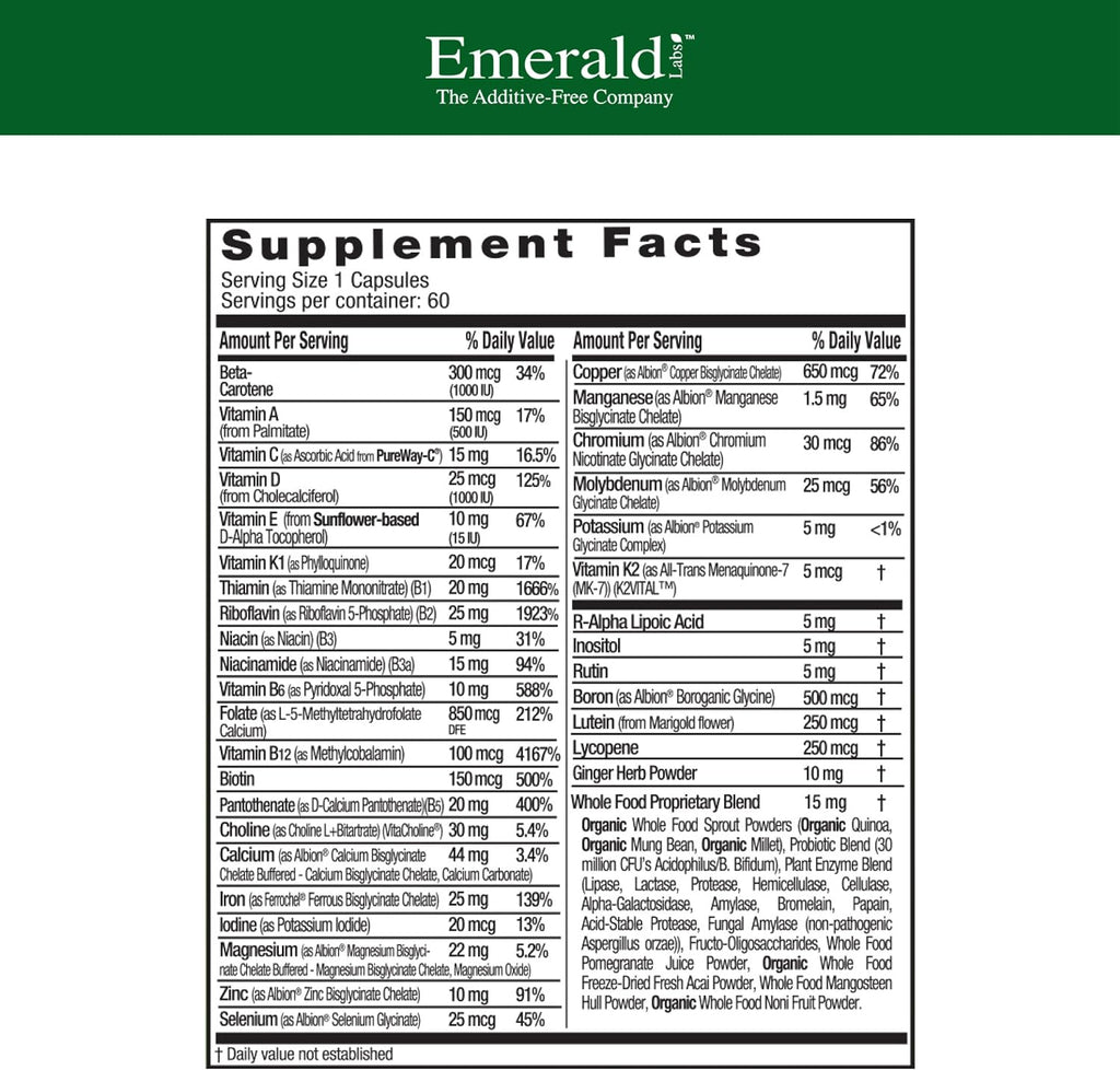 EMERALD LABS Prenatal 1-Daily Multi - Multivitamínico prenatal con folato metilado, hierro y mezcla de alimentos integrales - 60 cápsulas vegetales