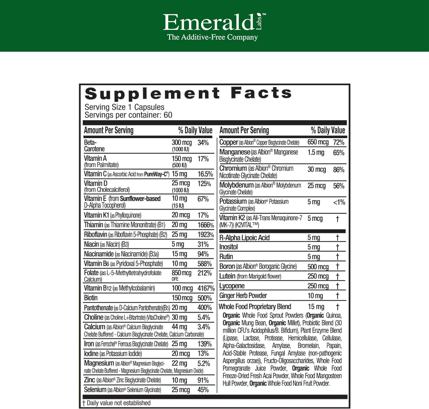 EMERALD LABS Prenatal 1-Daily Multi - Multivitamínico prenatal con folato metilado, hierro y mezcla de alimentos integrales - 60 cápsulas vegetales