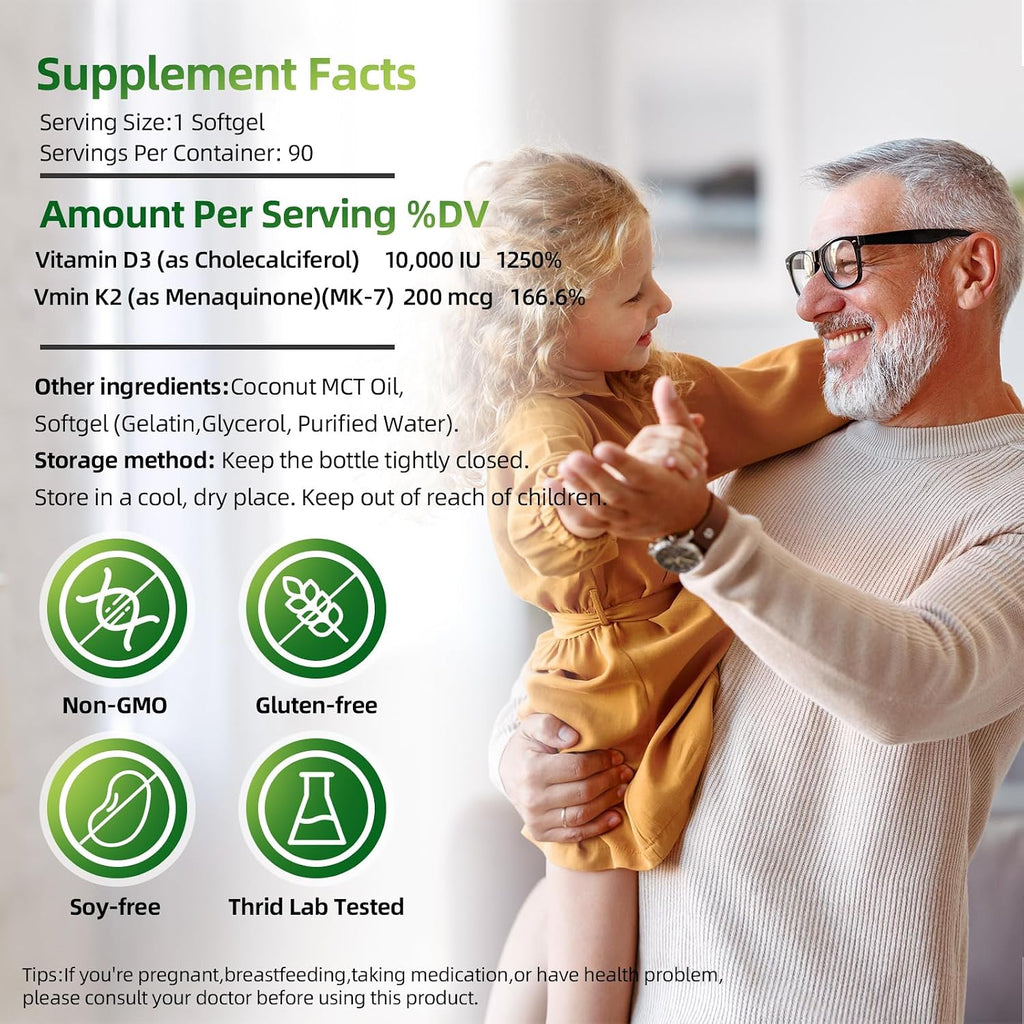LIVEGIS Vitamina D3 K2 Softgels, D3 10000 UI con K2 (MK-7) 200 mcg, 90 cápsulas