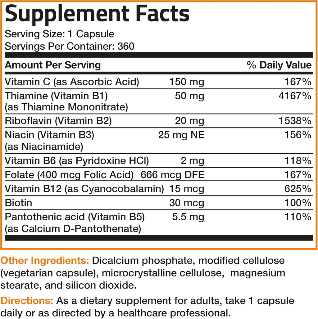 Bronson Complejo B con Vitamina C - 360 Cápsulas Vegetarianas | Apoyo Energético e Inmunitario
