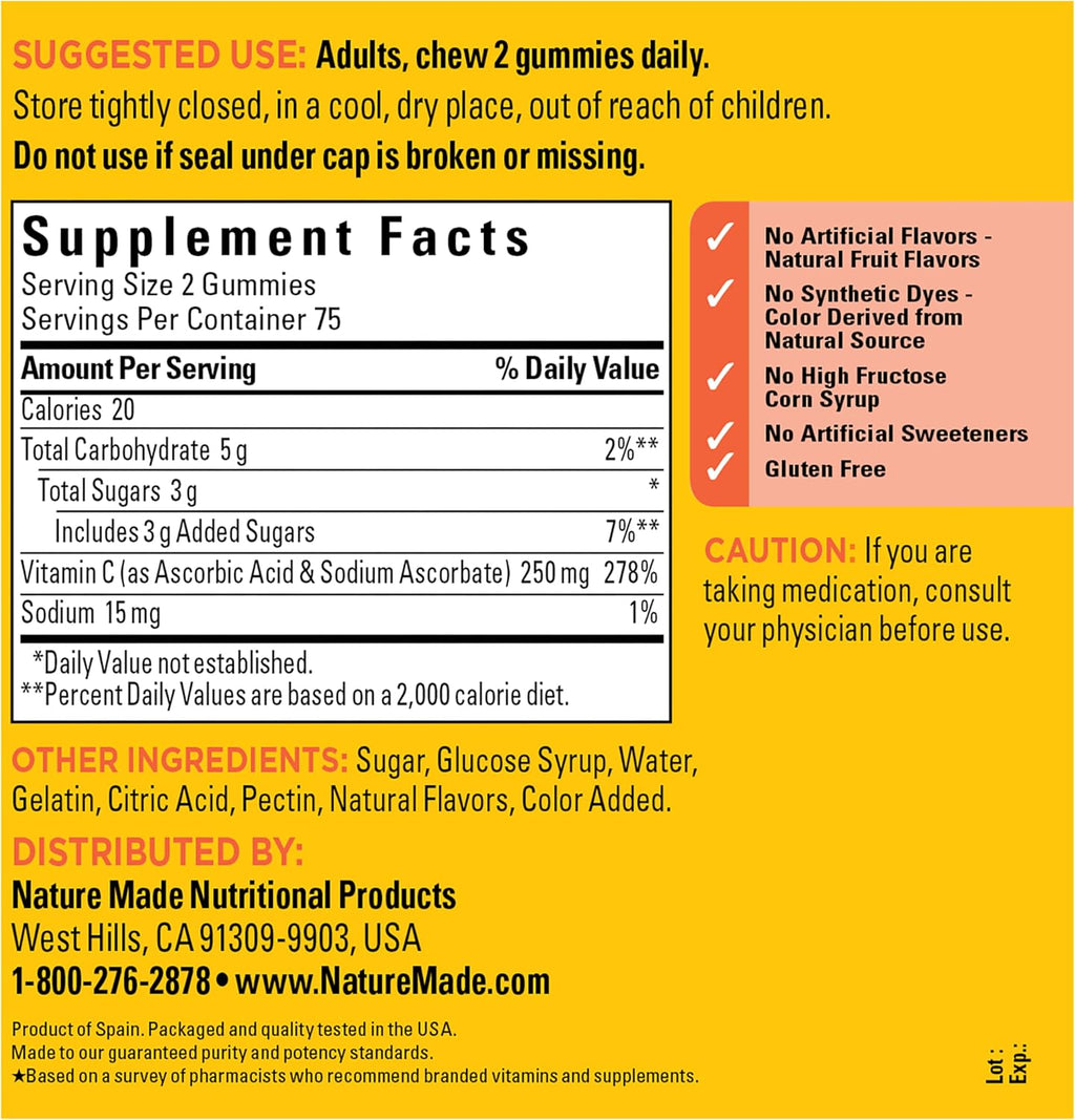 Nature Made Vitamina C Gummies 250mg por ración, 150 Gominolas, 75 Días