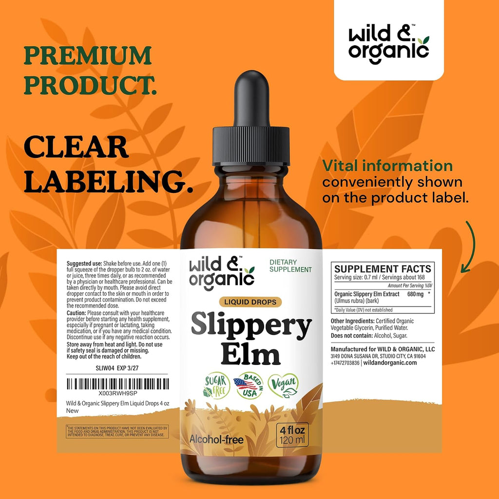Wild & Organic Slippery Elm Liquid Drops - Apoyo Digestivo, Pulmonar y para la Mujer - 118 ml