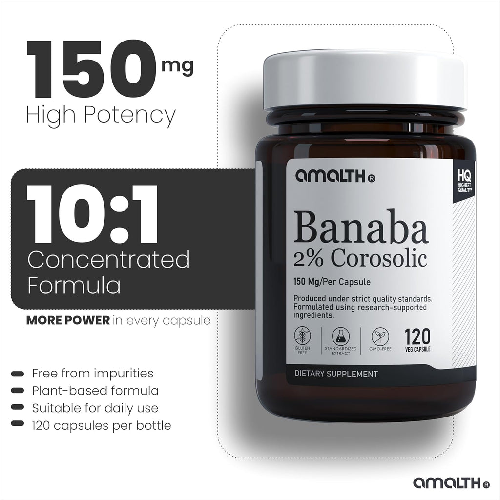 AMALTH Banaba Leaf Extract 150 mg | Ácido Corosólico 2% | 120 Cápsulas Veganas
