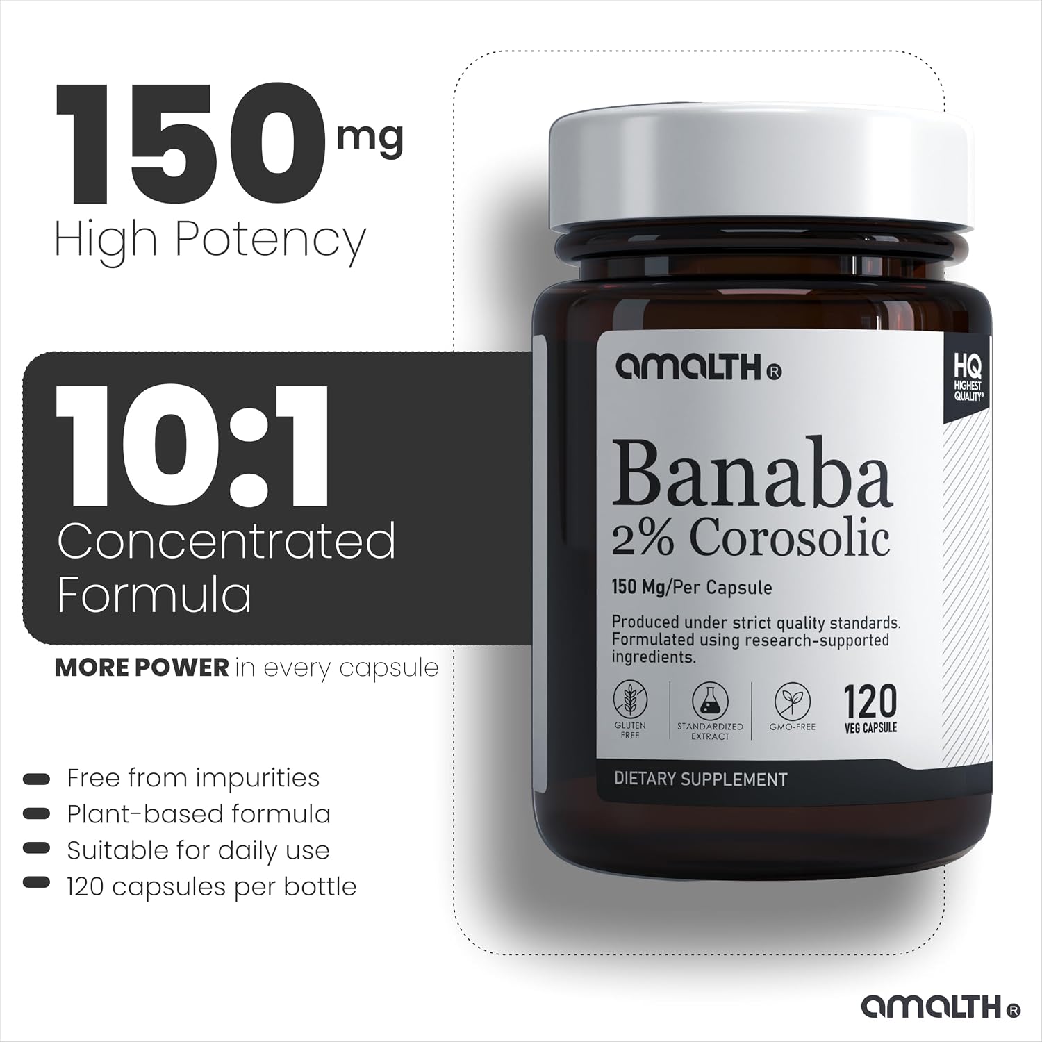 AMALTH Banaba Leaf Extract 150 mg | Ácido Corosólico 2% | 120 Cápsulas Veganas