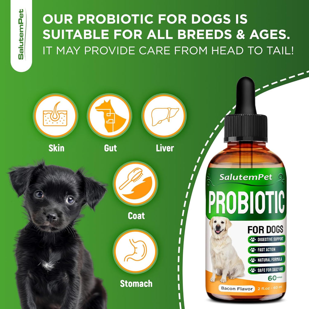 Probióticos Líquidos para Perros y Cachorros con Prebióticos y Enzimas Digestivas - Sabor Bacon - 60 ml
