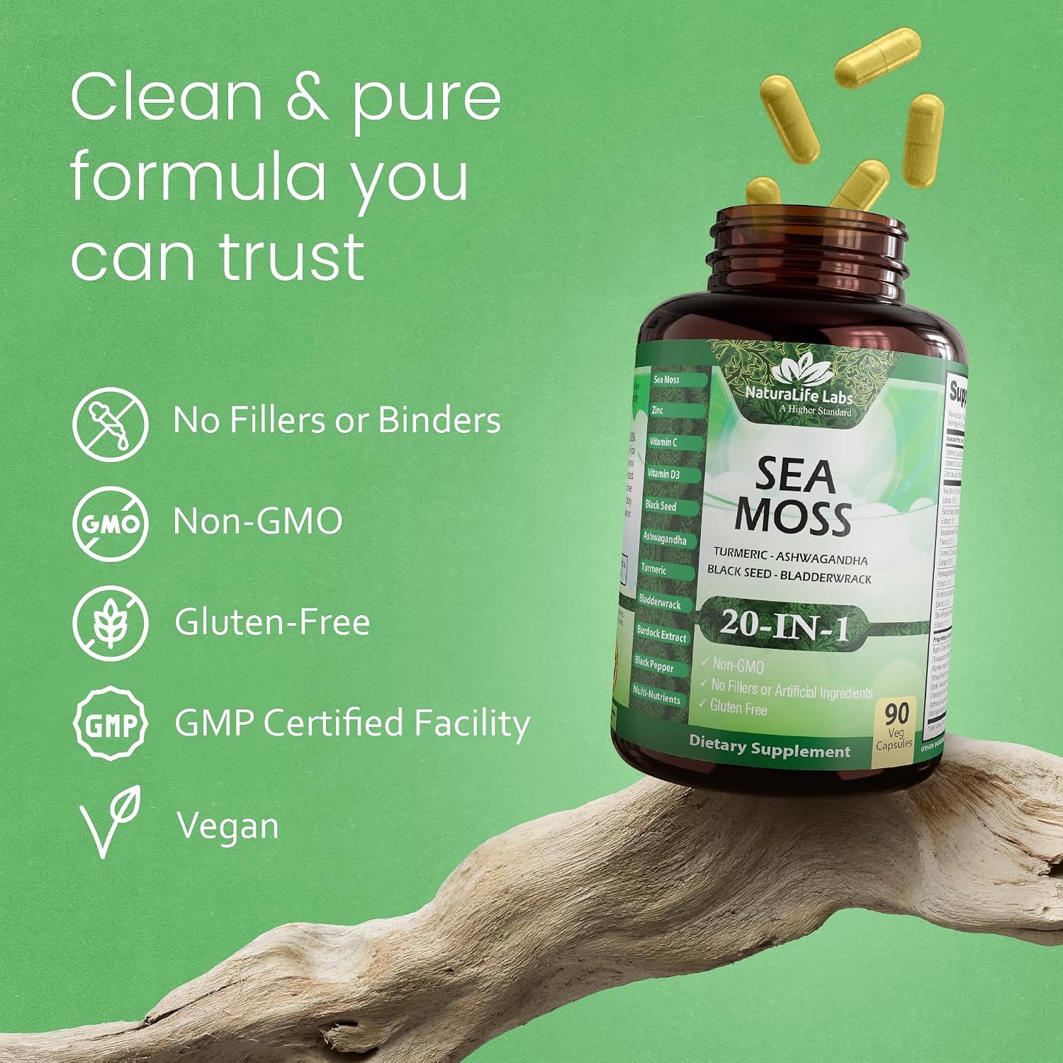 Sea Moss, Aceite de Semilla Negra, Bladderwrack, Cúrcuma, Ashwagandha, Bardana, Vitamina C, D3, Raíz de Yellow Dock, Manuka, Diente de León - 90 Cápsulas Veganas