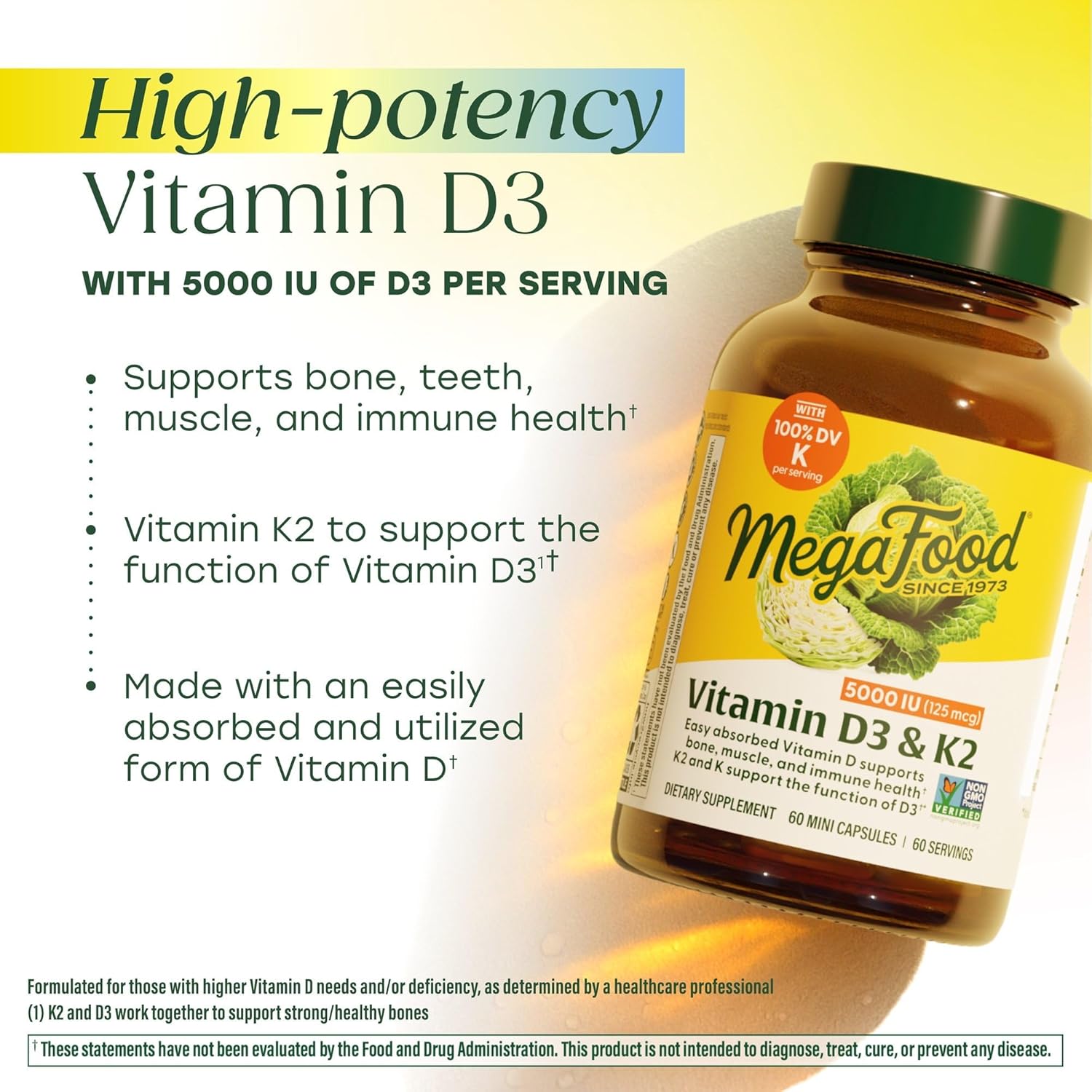 MegaFood Vitamina D3 5000 IU (125 mcg) con Vitamina K2 - 120 Cápsulas Vegetarianas