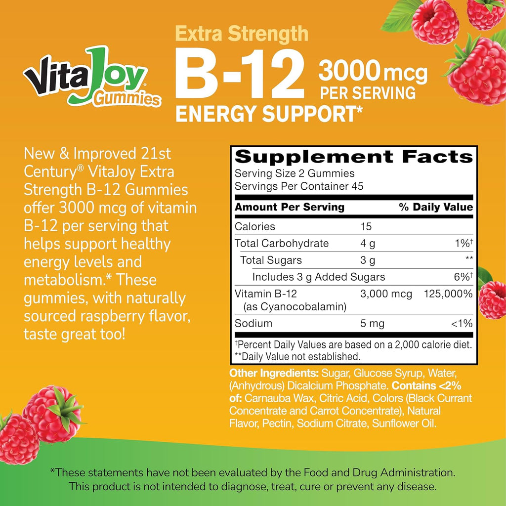 21st Century Extra Strength Vitamina B12 Gominolas 3000 mcg, Energía y Soporte Nervioso, Vegano y Sin Gluten, Frambuesa, 90 Unidades