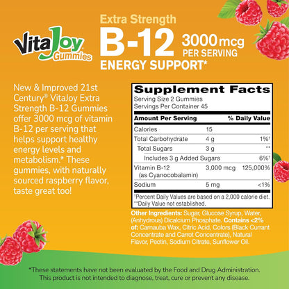 21st Century Extra Strength Vitamina B12 Gominolas 3000 mcg, Energía y Soporte Nervioso, Vegano y Sin Gluten, Frambuesa, 90 Unidades