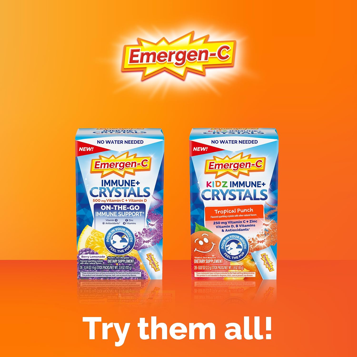 Emergen-C Immune Plus Crystals - Suplemento Inmunológico con Vitamina C, D, Zinc y Vitaminas B - 28 Sticks - Sabor Berry Lemonade