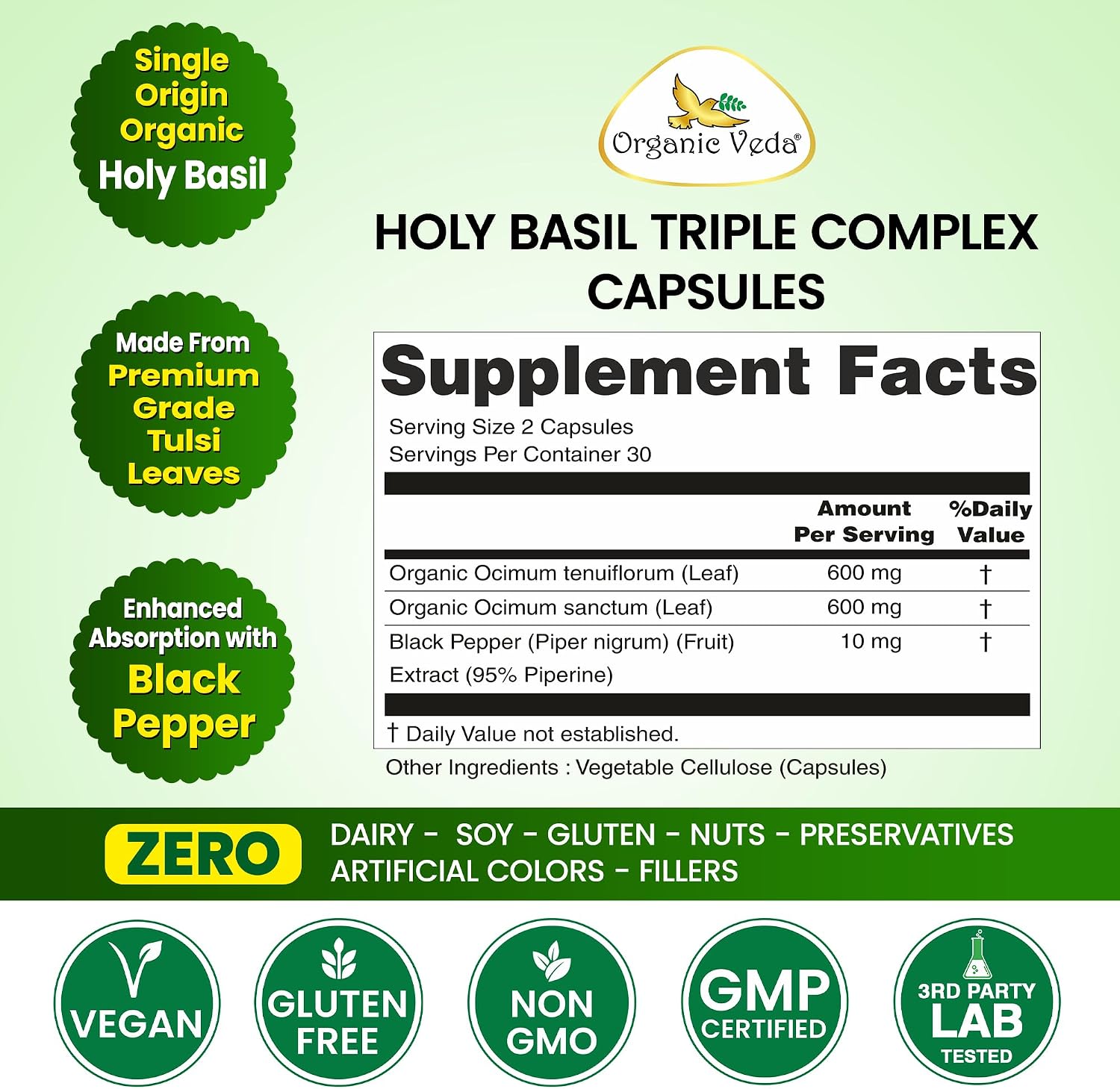 Cápsulas de Albahaca Sagrada (Tulsi) Organic Veda - Complemento Alimenticio con Pimienta Negra - 60 Cápsulas Veganas