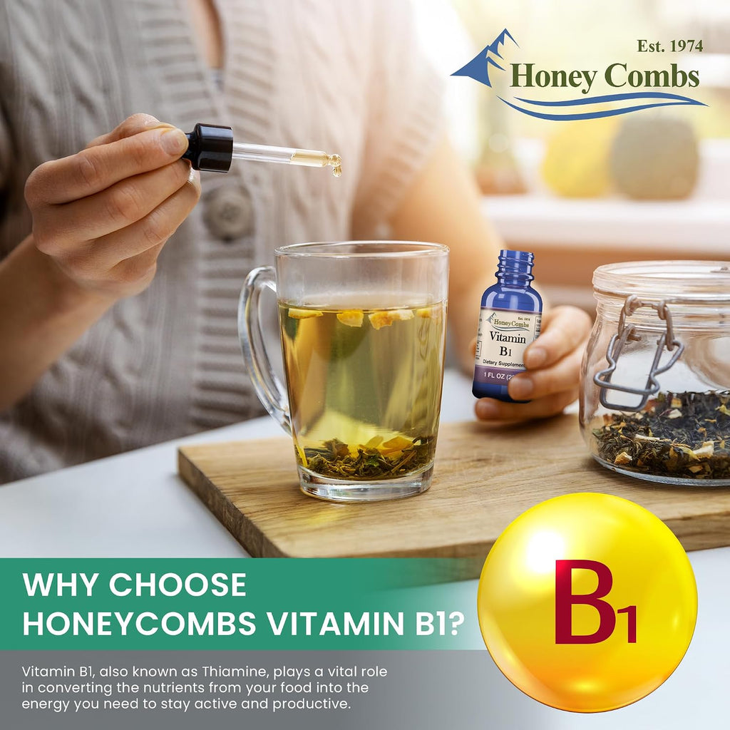 HoneyCombs Suplemento de Vitamina B1 (Tiamina) Gotas Líquidas - Alta Potencia para Hombres y Mujeres - Mantiene el Sistema Nervioso, la Energía y la Salud General - Vitaminas B Veganas (237 ml)