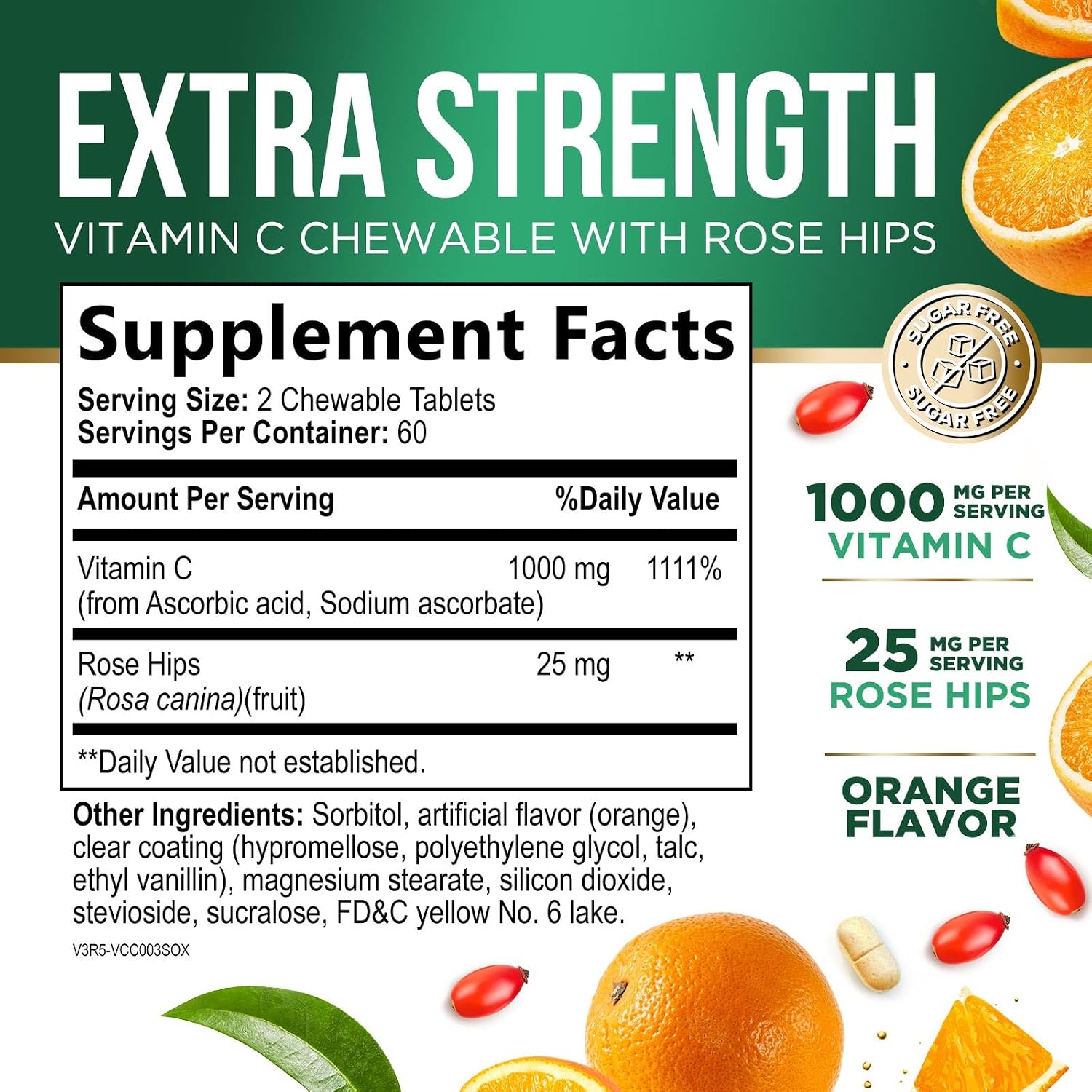 Vitamina C 1000 mg Masticable sin Azúcar con Escaramujo - 120 Comprimidos - Nature's Nutrition