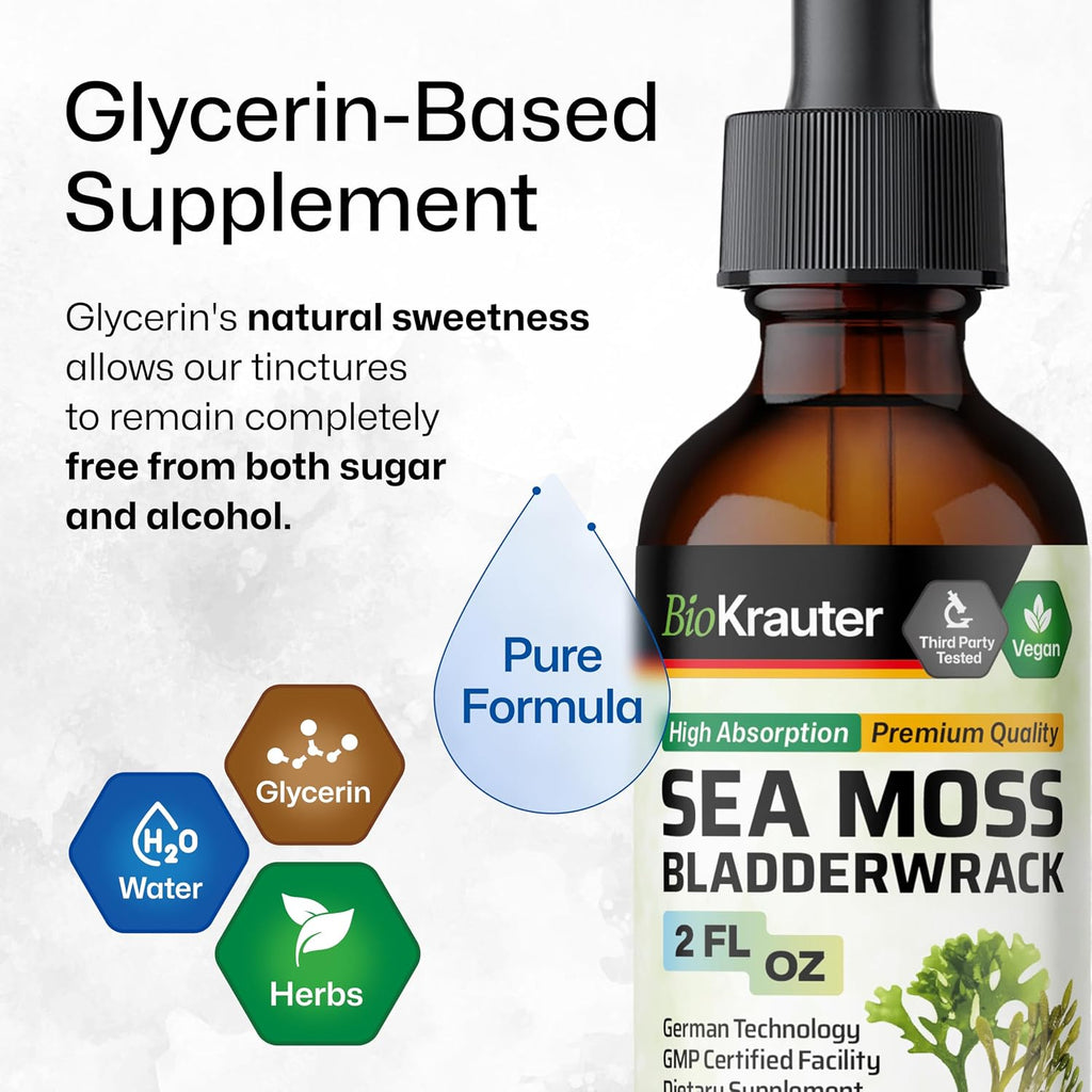 BIO KRAUTER® 2-in-1 Sea Moss y Bladderwrack Gotas – Suplemento Vegano de Algas Marinas, 59 ml