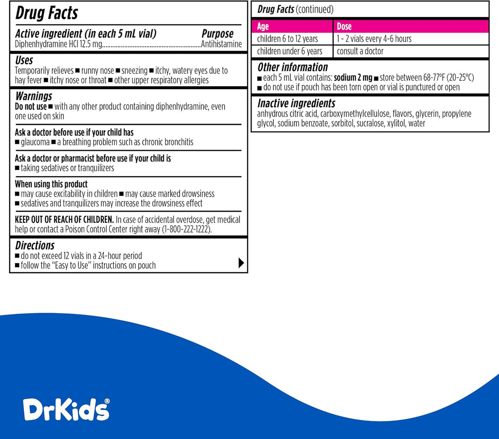 Dr. Kids Medicina Infantil para Alergias, Sabor Bayas Mixtas, 20 Viales Premedidos con Difenhidramina 12.5 mg