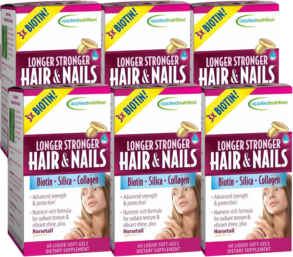 Applied Nutrition Cabello y Uñas Fuertes – 60 Cápsulas Blandas Líquidas (Pack de 6) – Biotina, Silicio y Colágeno