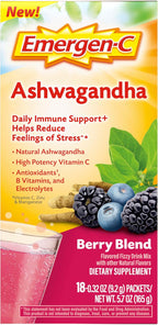 Emergen-C Vitamina C y Ashwagandha Mezcla para Bebida, Sabor Frutos del Bosque - 18 Sobres