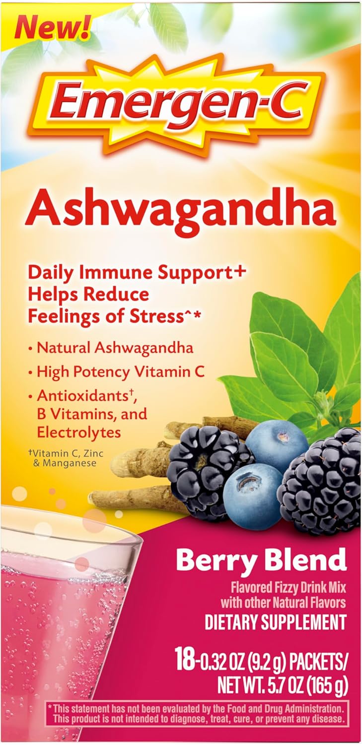 Emergen-C Vitamina C y Ashwagandha Mezcla para Bebida, Sabor Frutos del Bosque - 18 Sobres