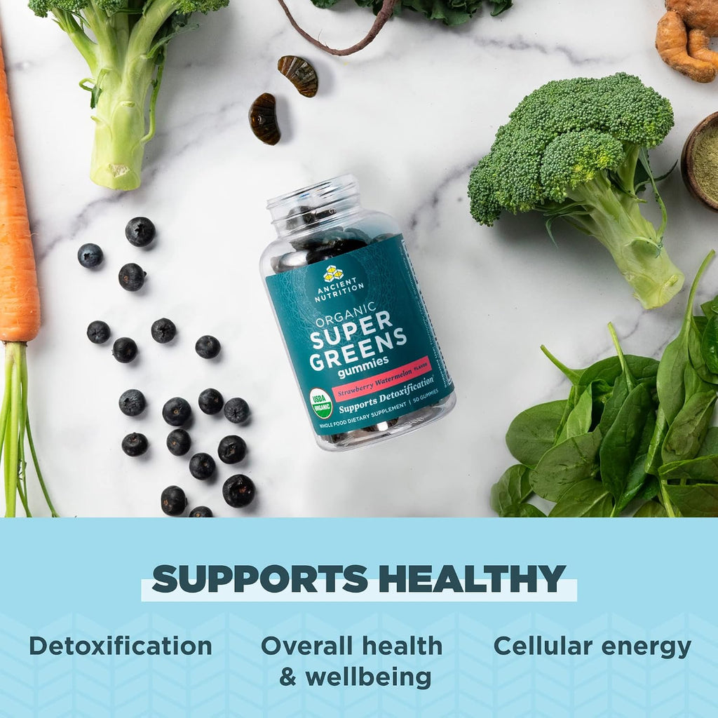 Ancient Nutrition Supergreens Gummy - Gominola Orgánica de Superalimentos con Frutas, Verduras y Hierbas Reales, 100 unidades, Sabor Fresa Sandía