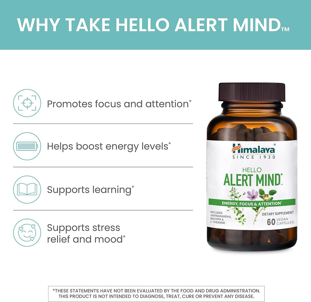 Himalaya Hello Alert Mind - Suplemento para Energía y Enfoque con L-Teanina, Ashwagandha, Bacopa, Vitamina B6 y B12 - 60 Cápsulas Veganas