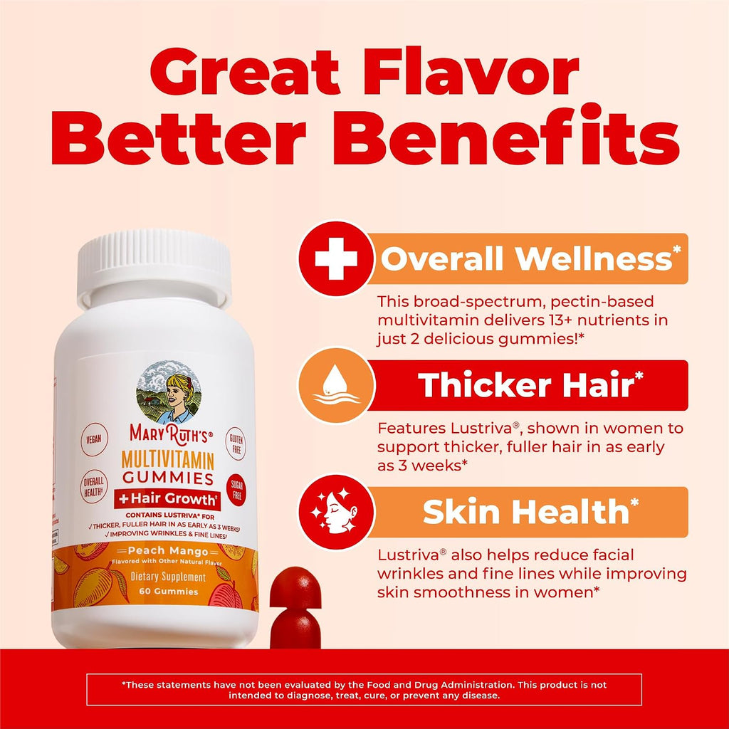 MaryRuth's Multivitamínico + Gominolas para el Crecimiento del Cabello con Lustriva® | Biotina 10000mcg | 30 dosis