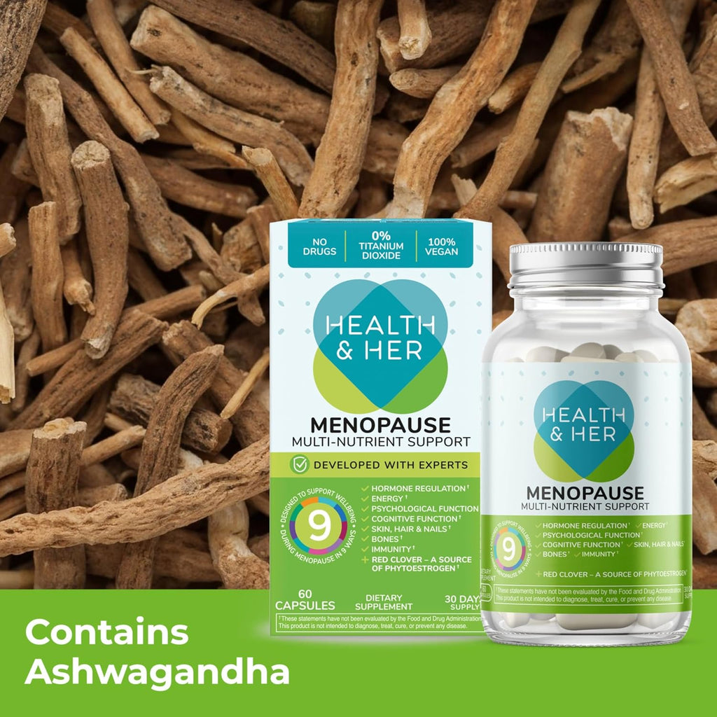 Health & Her Complementos para la Menopausia - Apoyo Multinutriente para Energía, Huesos, Músculos, Piel y Cabello - Vegano, Sin Gluten (60 Cápsulas - 1 Mes)