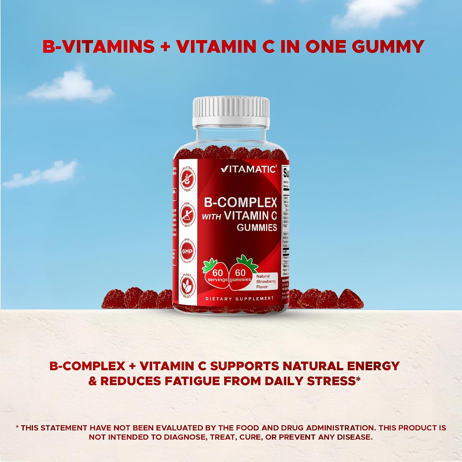 Vitamatic Complejo B en Gominolas con Vitamina C e Inositol - Sabor Natural Fresa - 60 Gominolas