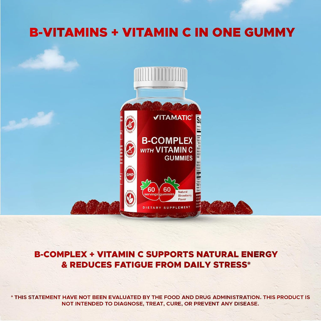 Vitamatic Complejo B Gummies con Vitamina C e Inositol - Sabor Fresa Natural - 60 Gominolas (2 Frascos)