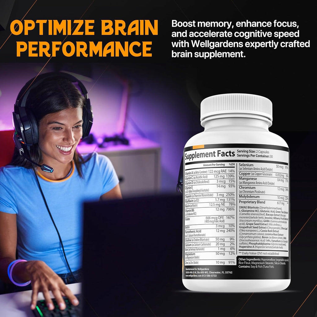 Suplemento Cerebral Puro para Memoria, Concentración y Cognición - Apoyo Diario con Bacopa, Magnesio, Vitaminas B6, Fosfatidilserina - No-GMO, Sin Gluten