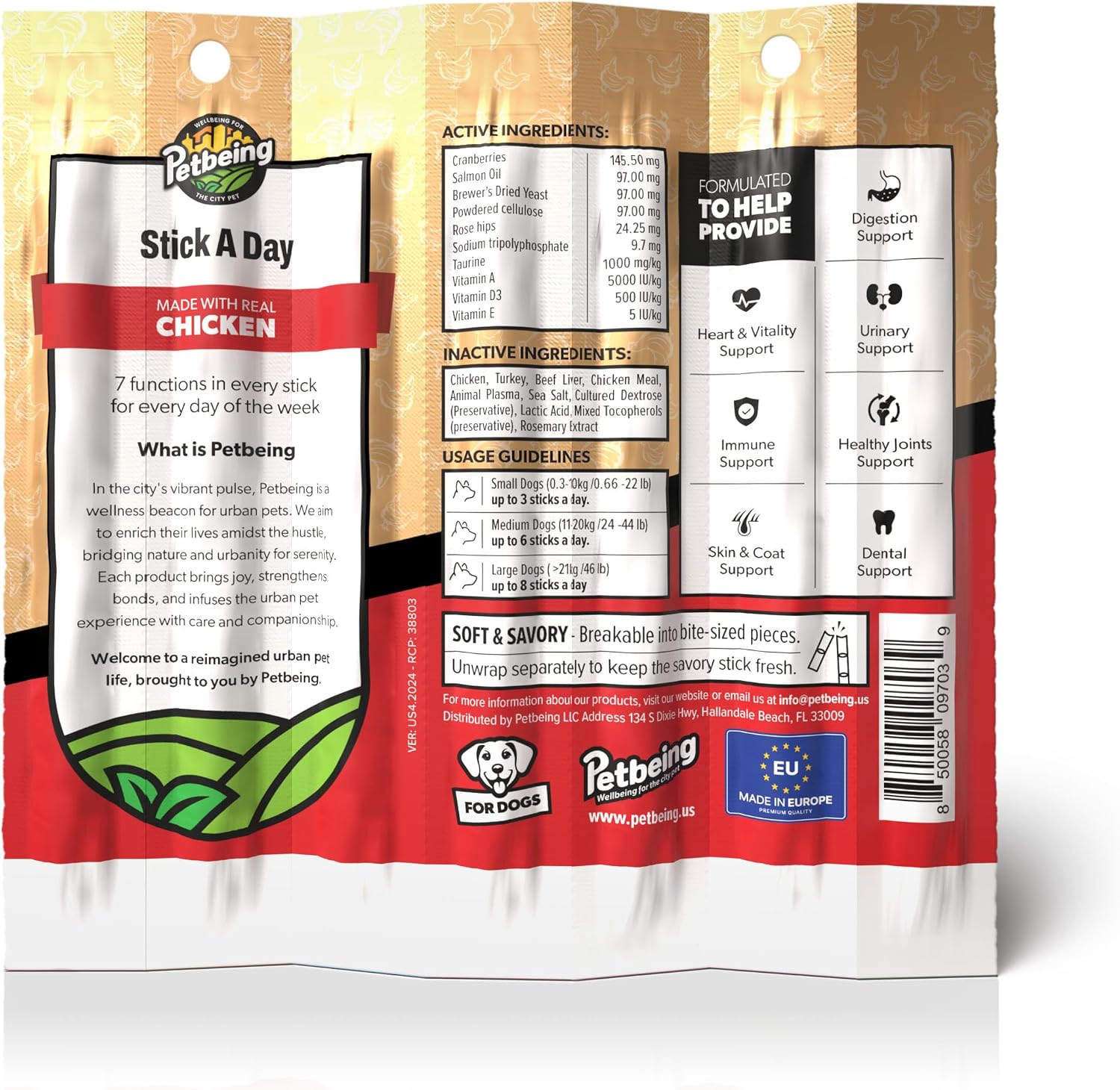 PETBEING Stick a Day para Perros - Snacks Diarios con Sabor a Pollo Real y Apoyo 7 en 1 - 28 unidades