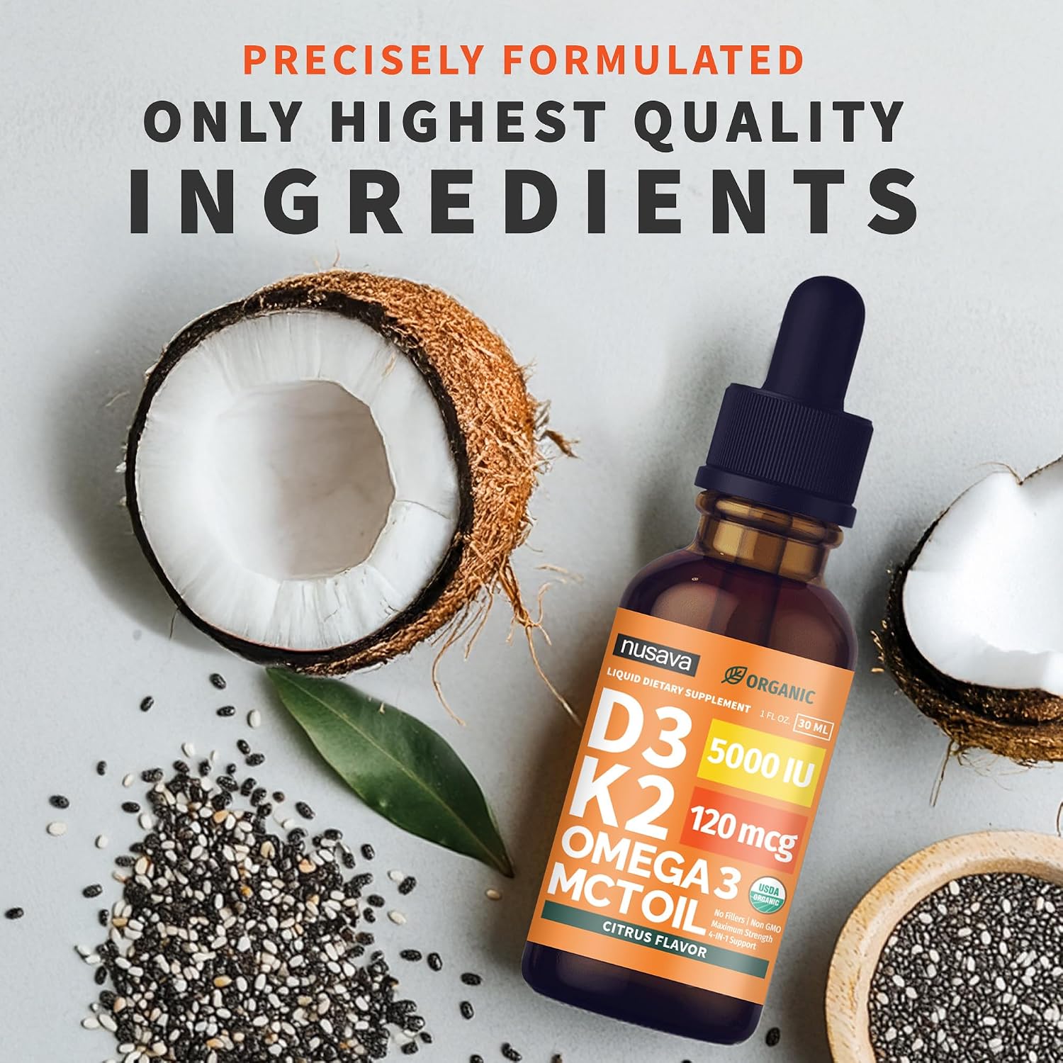 (2 Pack) Organic Vitamin D3 K2 Drops with MCT Oil & Omega 3 - Liquid Vitamin D3 5000 IU - K2 D3 Vitamin Supplement - Vitamin D Drops for Women & Men - No Fillers, Non-GMO, GMP, Citrus Flavor (2 Fl Oz)