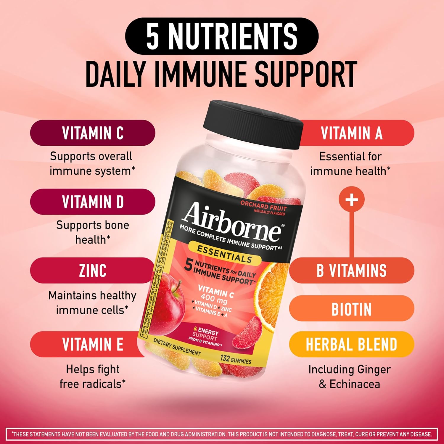 Airborne Immune Essentials Gominolas Multivitamínicas, Sabor Fruta de Huerto, 132 gominolas