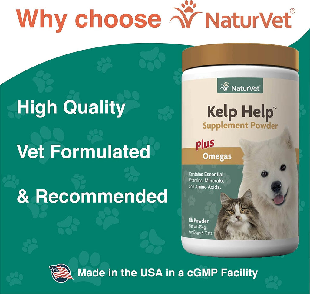 NaturVet Kelp Help Plus Omegas - Suplemento para la piel y el pelaje para perros y gatos, en polvo, 454 g
