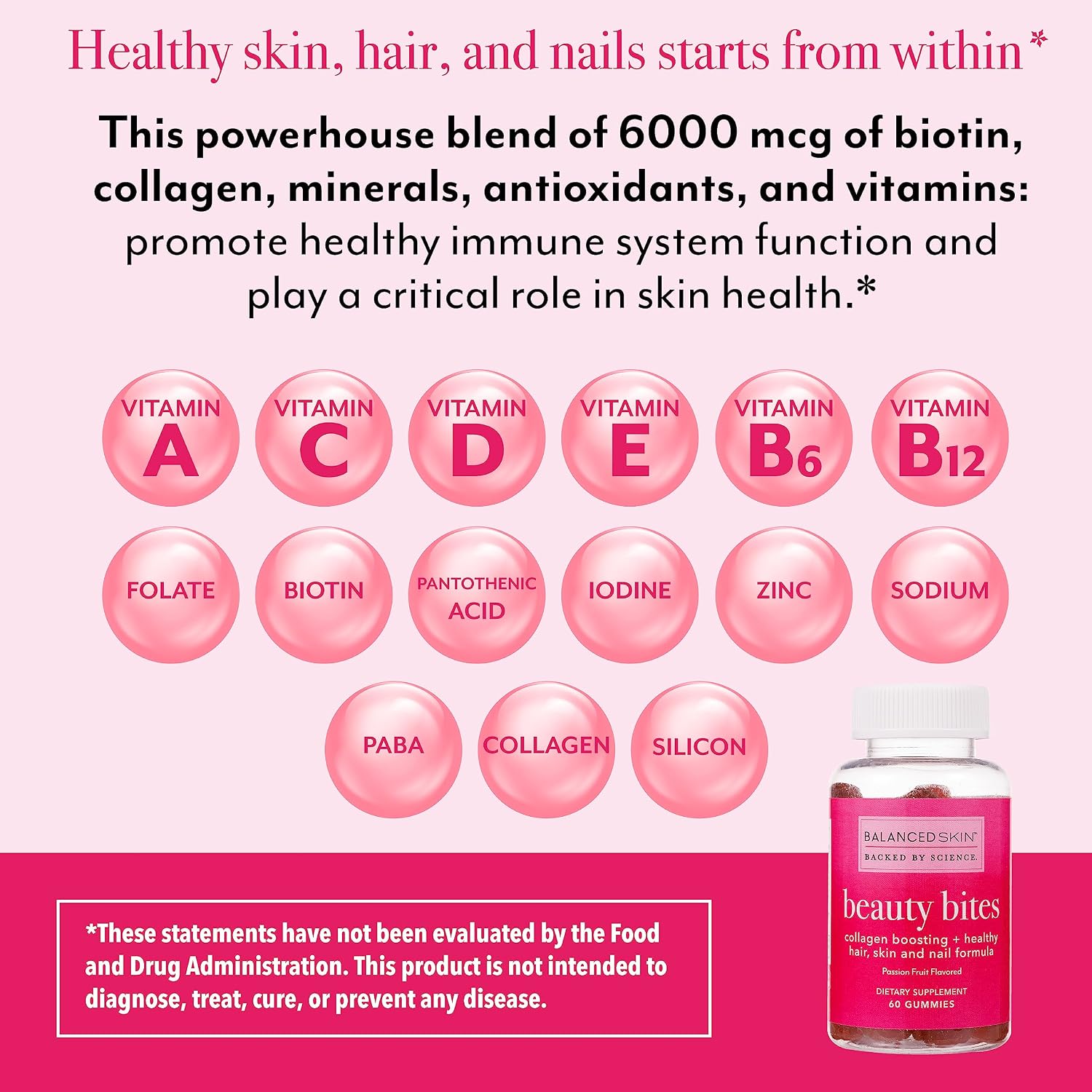 Beauty Bites Gominolas de Biotina - Suplemento para Cabello, Piel y Uñas con 6000 mcg de Biotina, Colágeno y Vitaminas - Sabor a Maracuyá