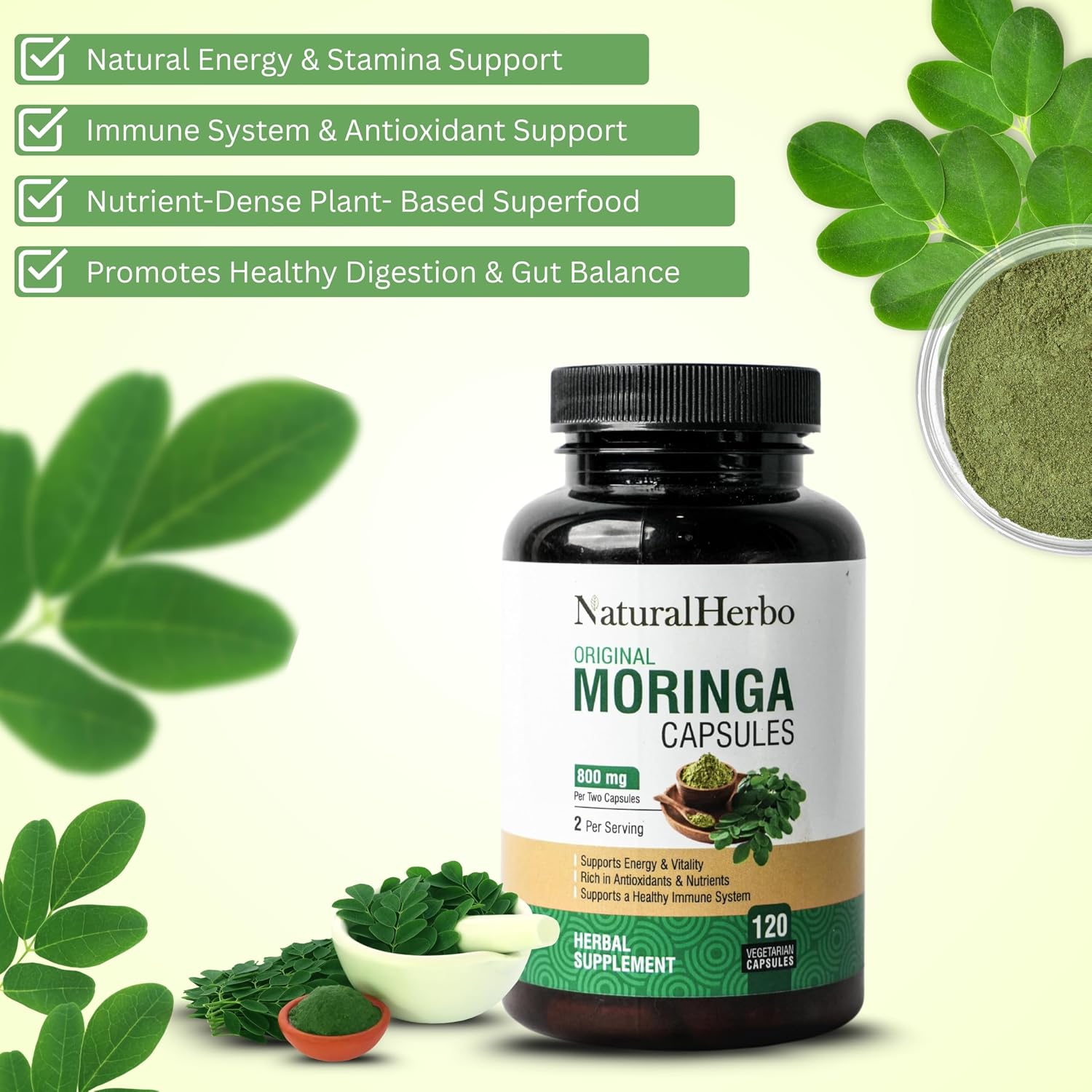 Cápsulas de Moringa Pura - Extracto de Hoja de Moringa para Energía Natural, Digestión y Bienestar Diario | Superfood Verde Vegano | 120 Cápsulas (800mg)