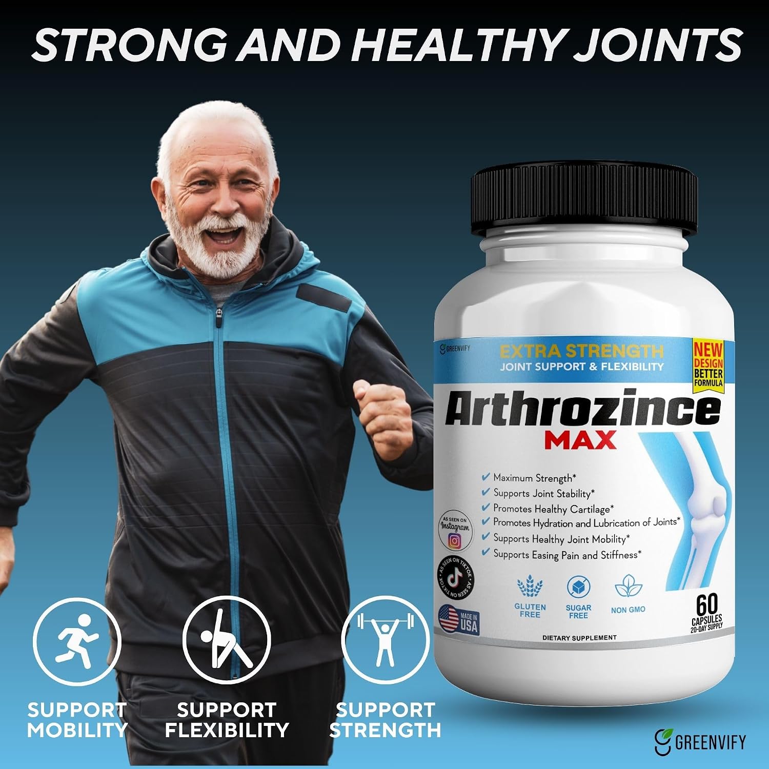 GREENVIFY Arthrozince Max Extra Strength Apoyo Articular, Complejo de Glucosamina y Condroitina para la Movilidad, 60 Cápsulas