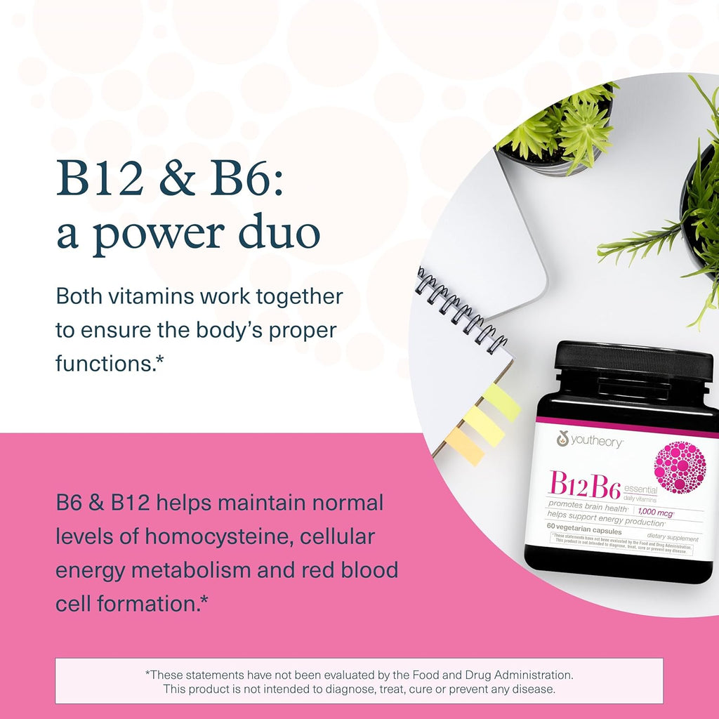 Youtheory B12B6 - Vitamina B12 y B6 - Apoya el Estado de Ánimo, Sistema Nervioso y Metabolismo - Sin Lácteos, Soja ni Gluten - 60 Cápsulas