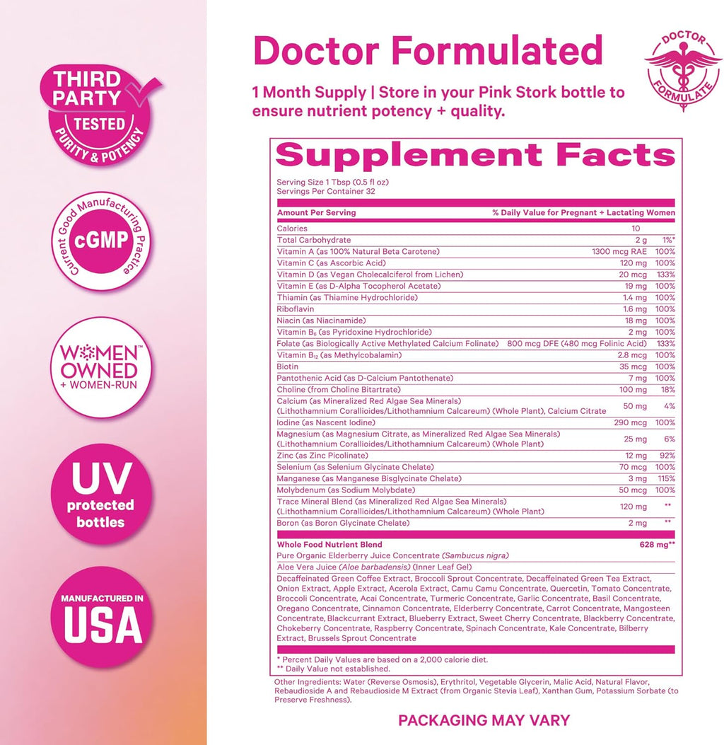 Pink Stork Vitaminas Prenatales Líquidas – Sabor Berry, 32 Porciones