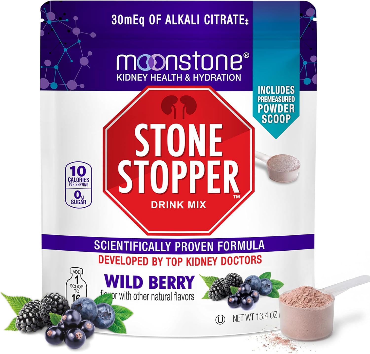 Moonstone Stone Stopper Drink Mix, Bayas Silvestres (30 Dosis)