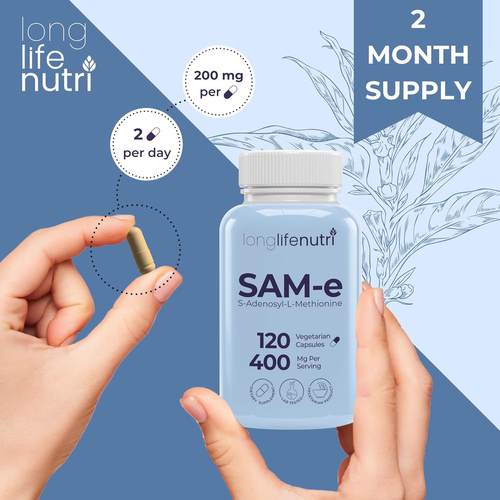 LongLifeNutri SAM-e 400 mg – 120 Cápsulas Vegetales, S-Adenosilmetionina Metilada para la Movilidad Articular, Suministro de 2 Meses, Sin Rellenos, Certificado GMP, Fabricado en EE. UU.