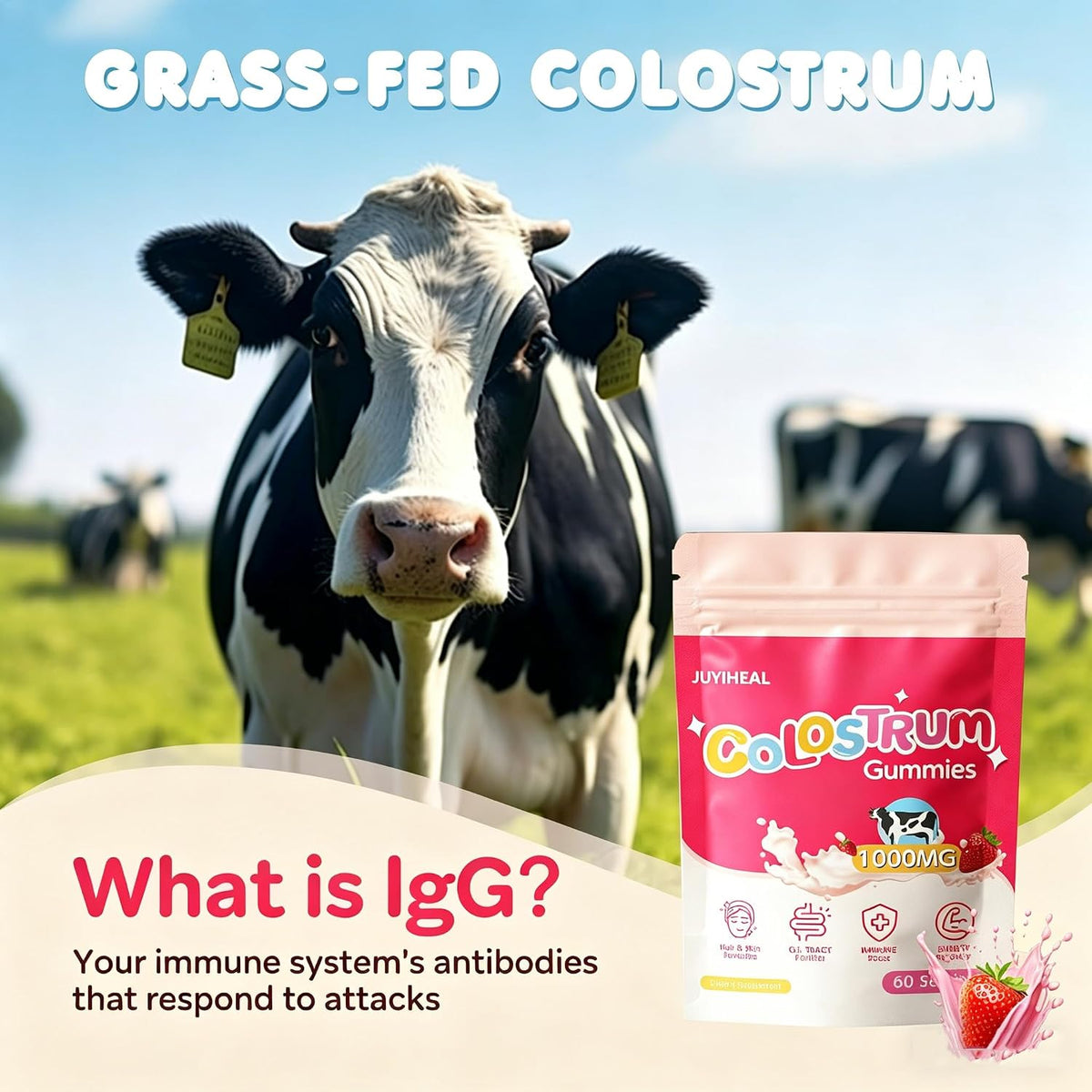 Core Bovine Colostrum Gummies - Gominolas de Calostro Bovino, 1g por Ración, Sabor Fresa, 60 Unidades – Image 4
