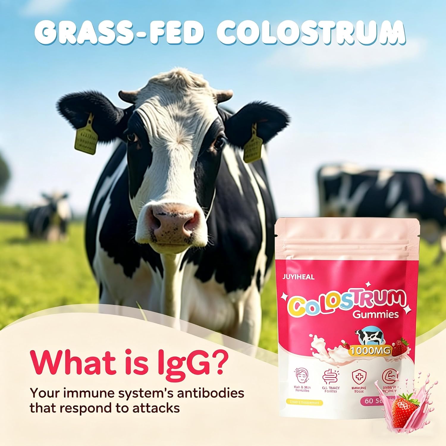 Core Bovine Colostrum Gummies - Gominolas de Calostro Bovino, 1g por Ración, Sabor Fresa, 60 Unidades