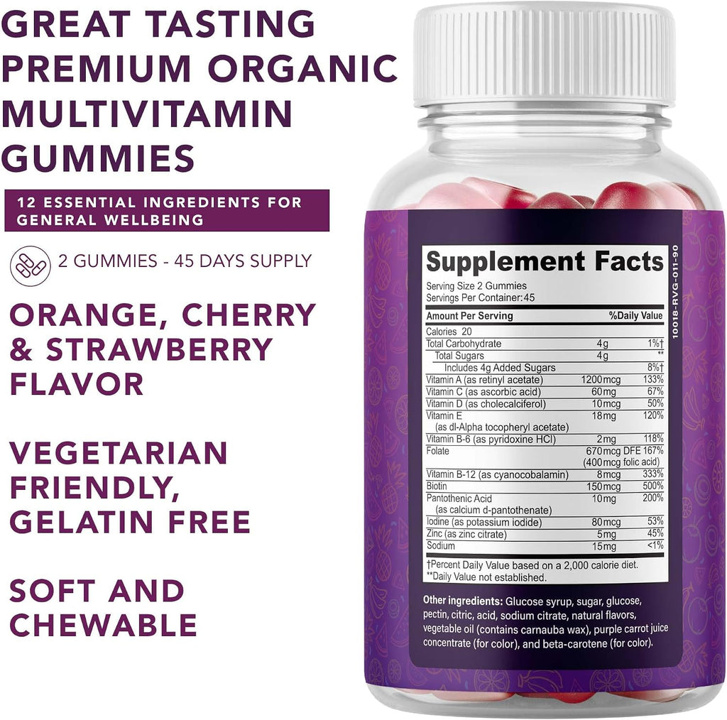Gominolas Multivitamínicas Completas para Adultos – Mezcla de Vitaminas A, B, C, D, E, Zinc y Biotina – Energía e Inmunidad – 90 Gominolas Veganas Sin Gluten
